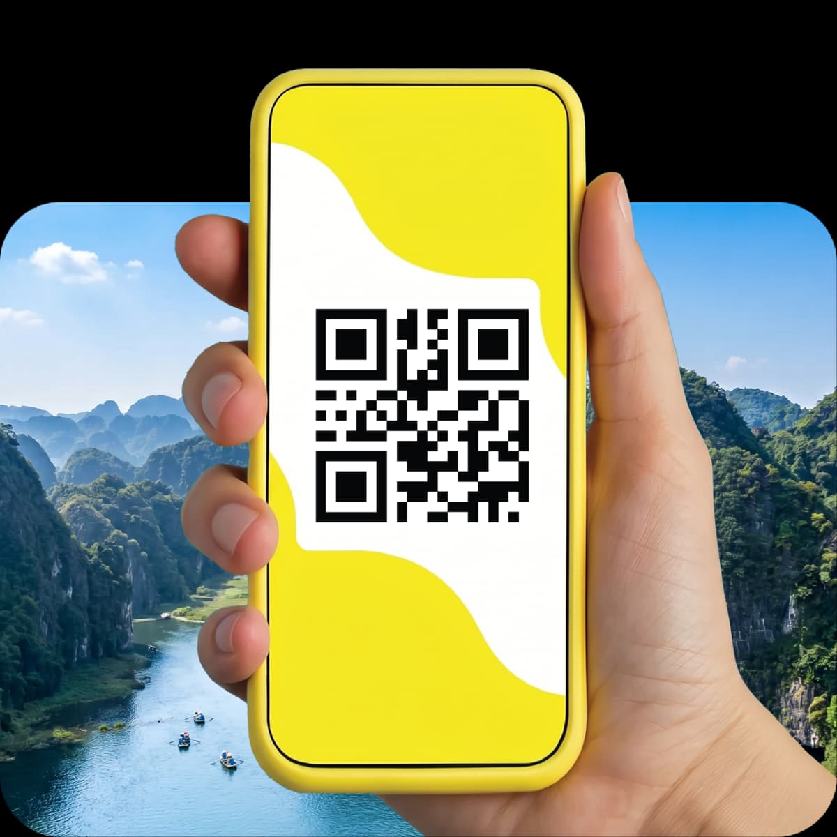 A hand holds a phone with the esim.vn app open, showing options to manage eSIM plans, mobile data, and security features.