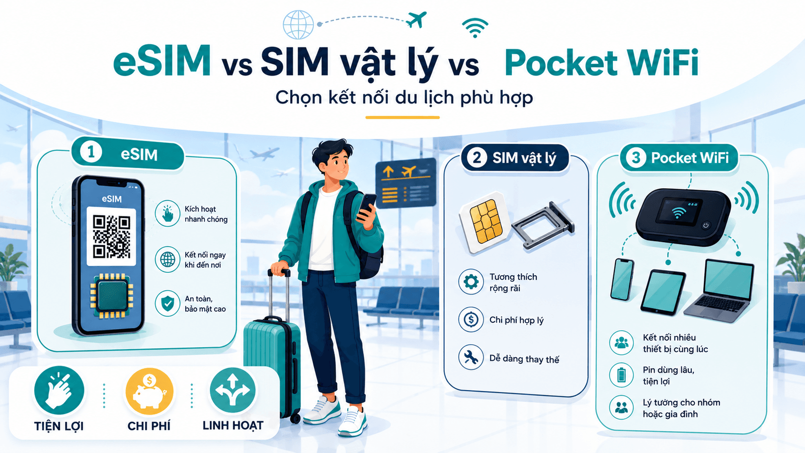 So Sánh Lợi Ích eSIM, SIM Vật Lý Và Cục Phát Wifi: Đâu Là Lựa Chọn Tốt Nhất Khi Đi Du Lịch?