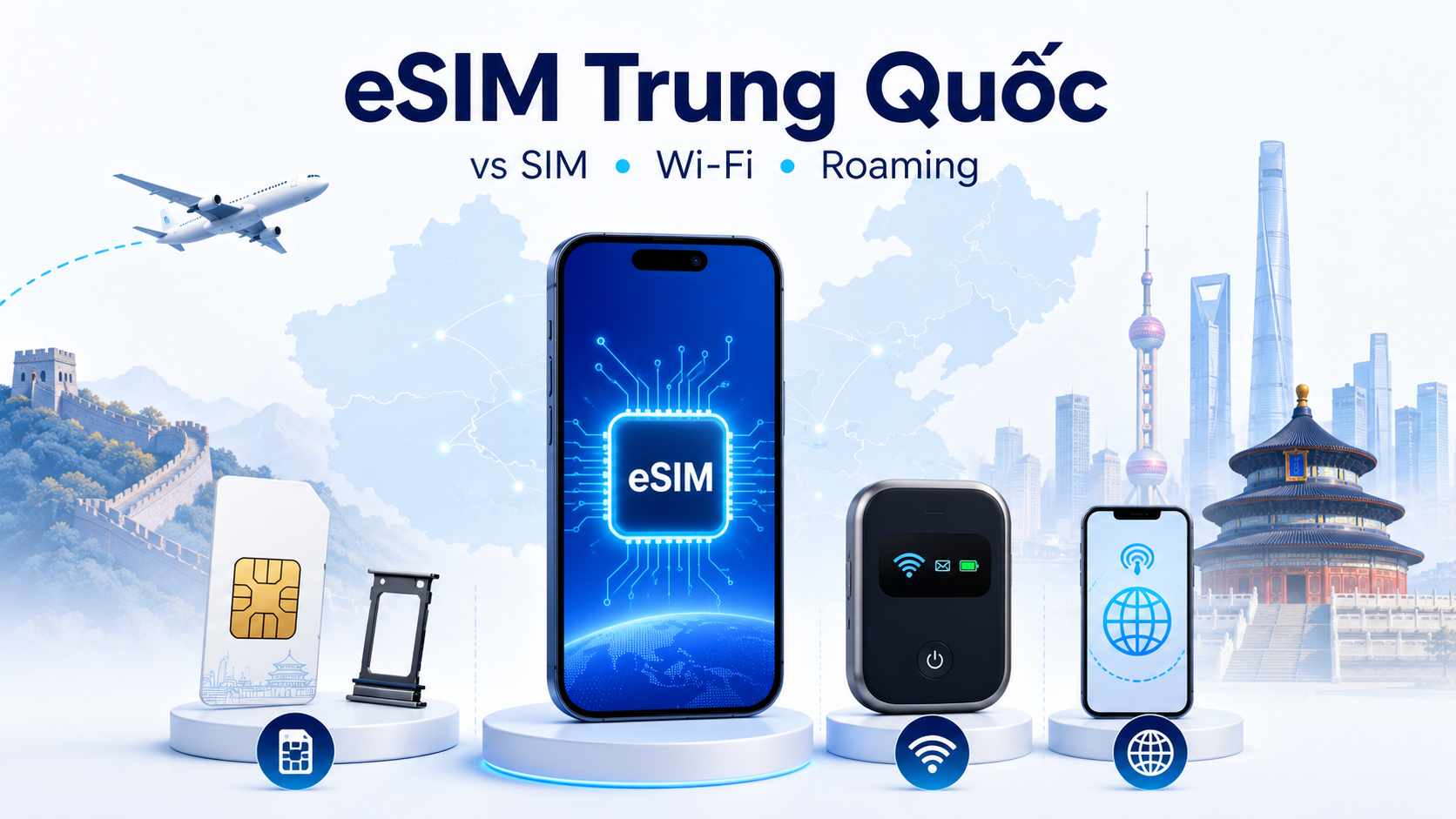 So sánh eSIM Trung Quốc với SIM du lịch, Wi-Fi cho thuê, roaming