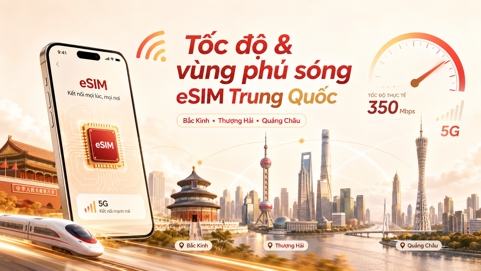 Đánh giá thực tế: tốc độ và vùng phủ sóng eSIM Trung Quốc tại Bắc Kinh, Thượng Hải, Quảng Châu